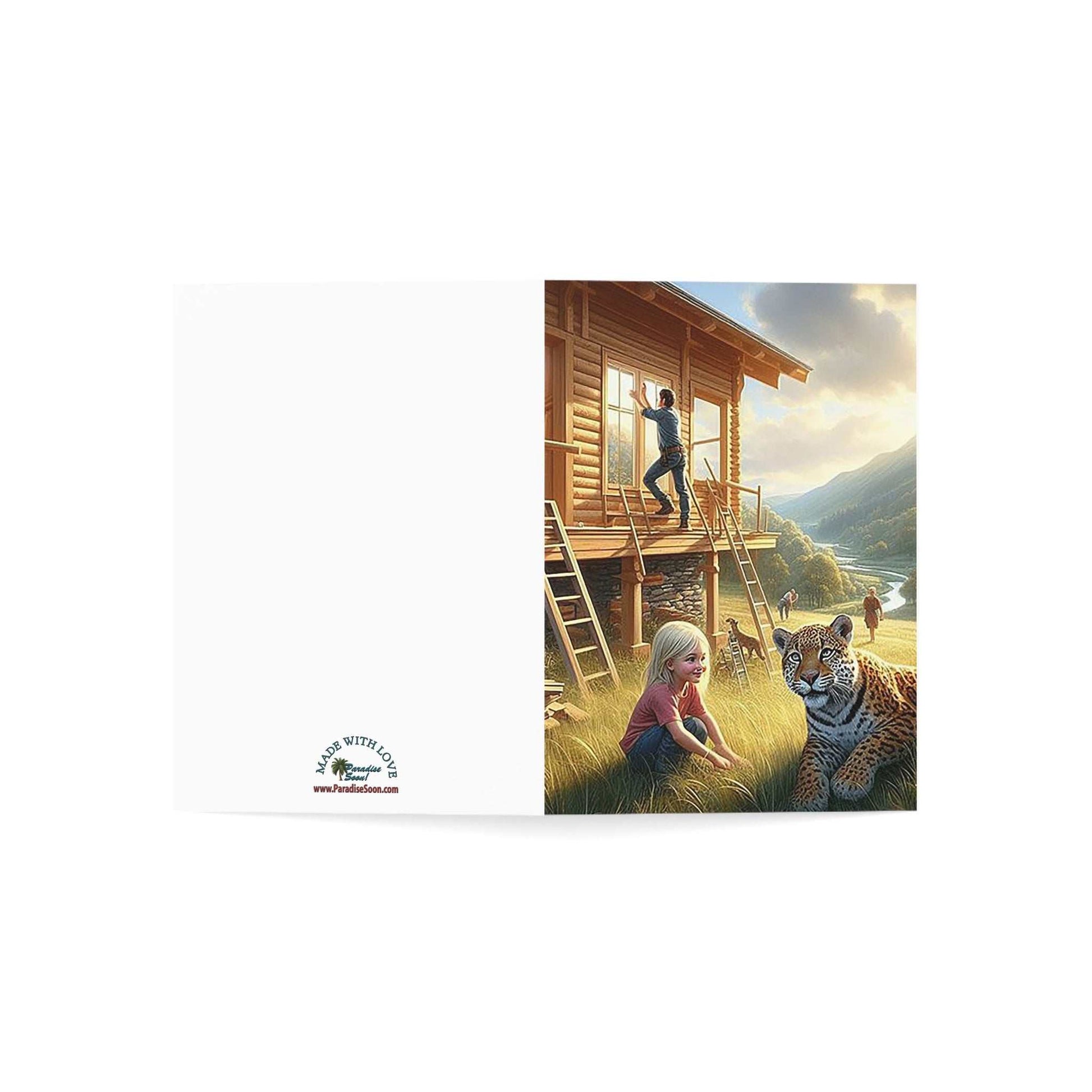 Greeting card with vibrant design featuring a child and a tiger near a wooden house, premium quality 270gsm paper, includes envelope, 5x7 inches.