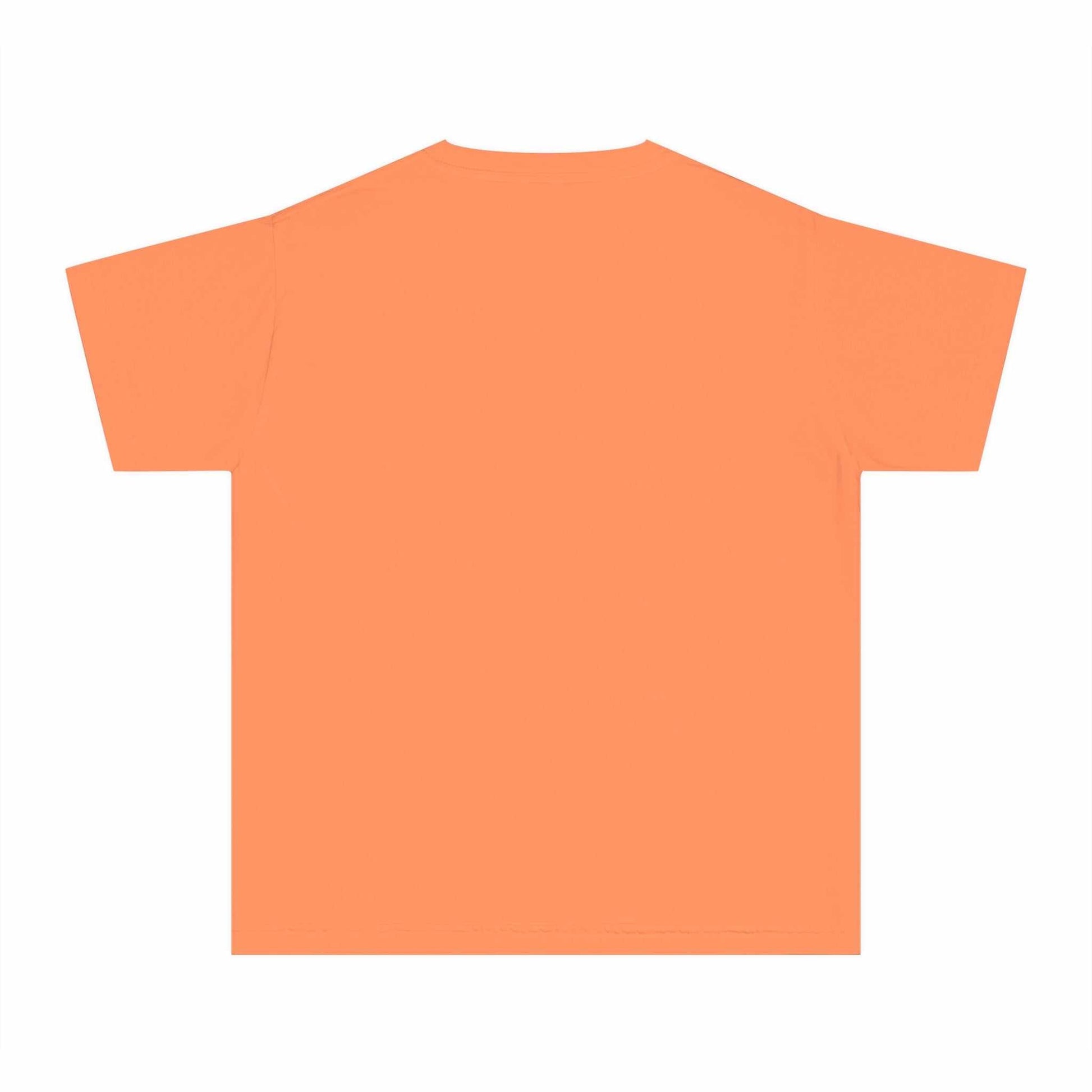 Boys' orange T-shirt featuring a David and Goliath theme; 100% combed ringspun cotton, soft-washed, classic fit.