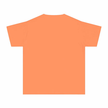 Boys' orange T-shirt featuring a David and Goliath theme; 100% combed ringspun cotton, soft-washed, classic fit.