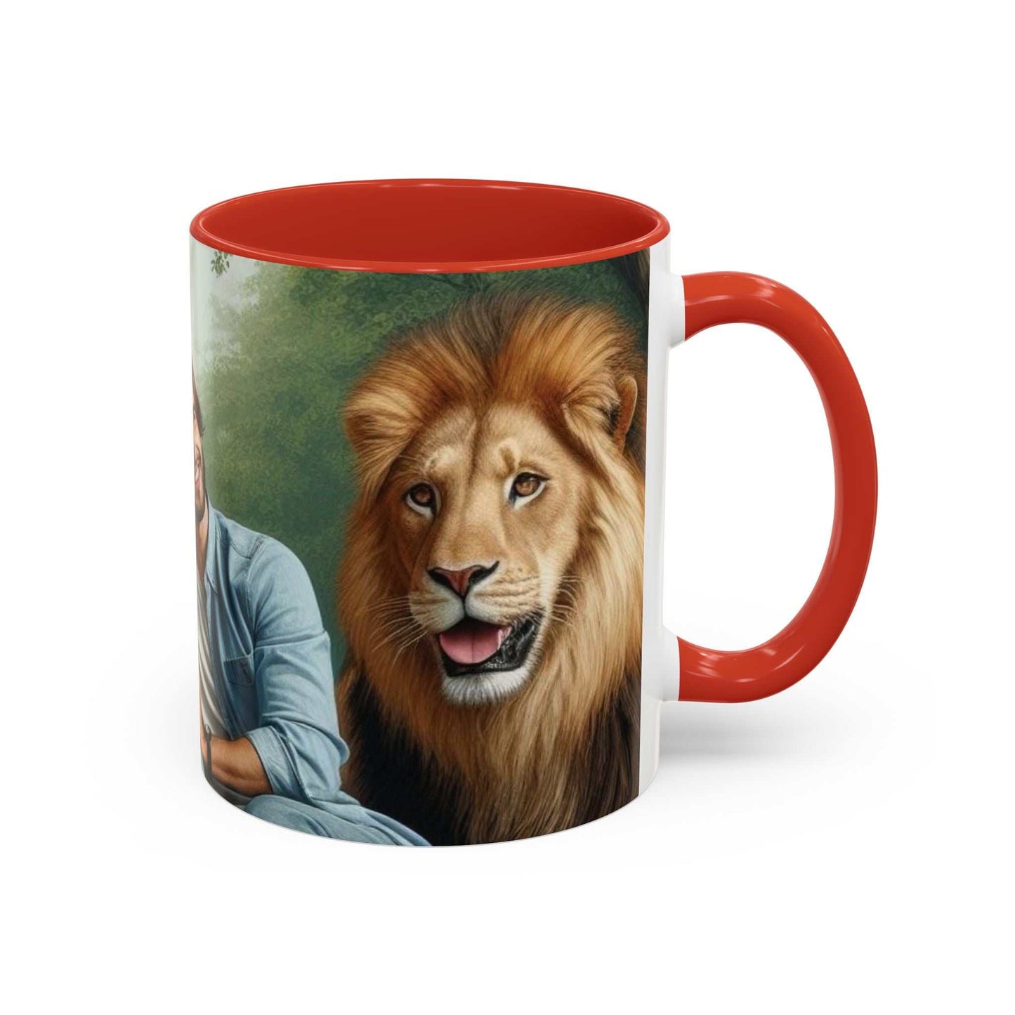 Ceramic coffee cup with tiger and lion design, glossy finish, vibrant colors.