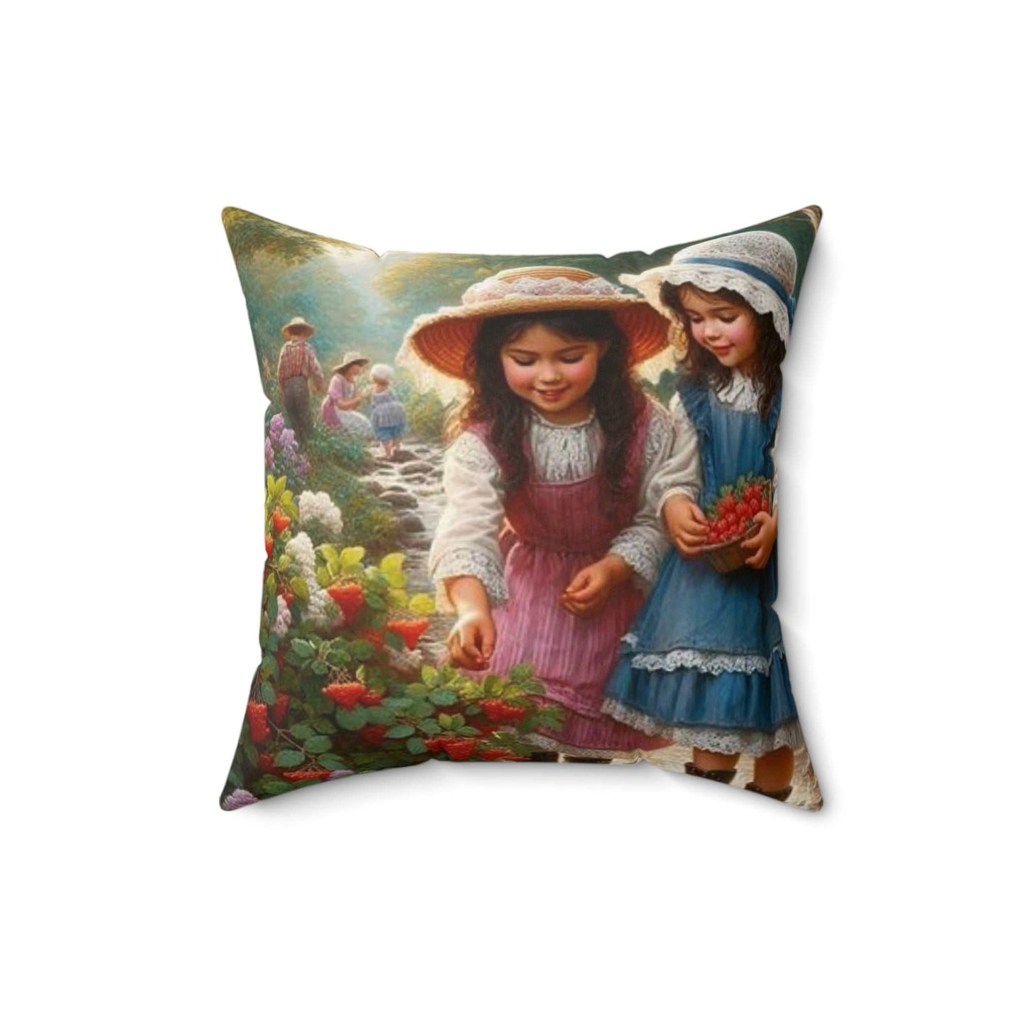 Decorative throw pillow with image of two little girls planting flowers.