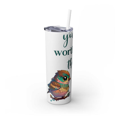 Stainless steel tumbler with "Worth More Than Sparrows" design, 20oz, includes lid and straw.