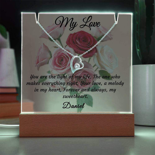 Acrylic nightlight plaque and Forever Love pendant necklace bundle on wooden LED base with roses and love message.