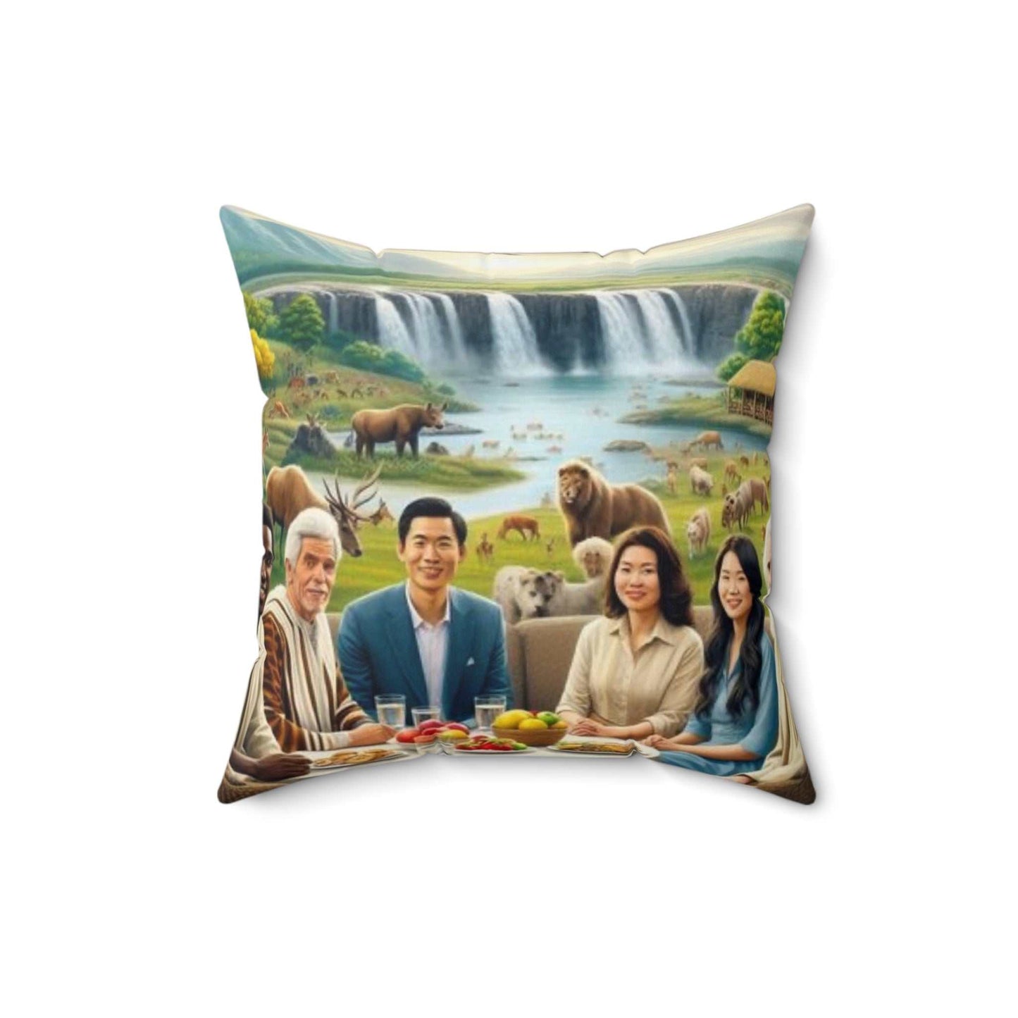 Pillow with preaching scene on one side, paradise and family by waterfall on the other.