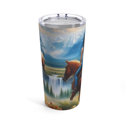 20oz stainless steel tumbler featuring a couple riding horses, ideal for hot or cold drinks, with a clear push-on lid.