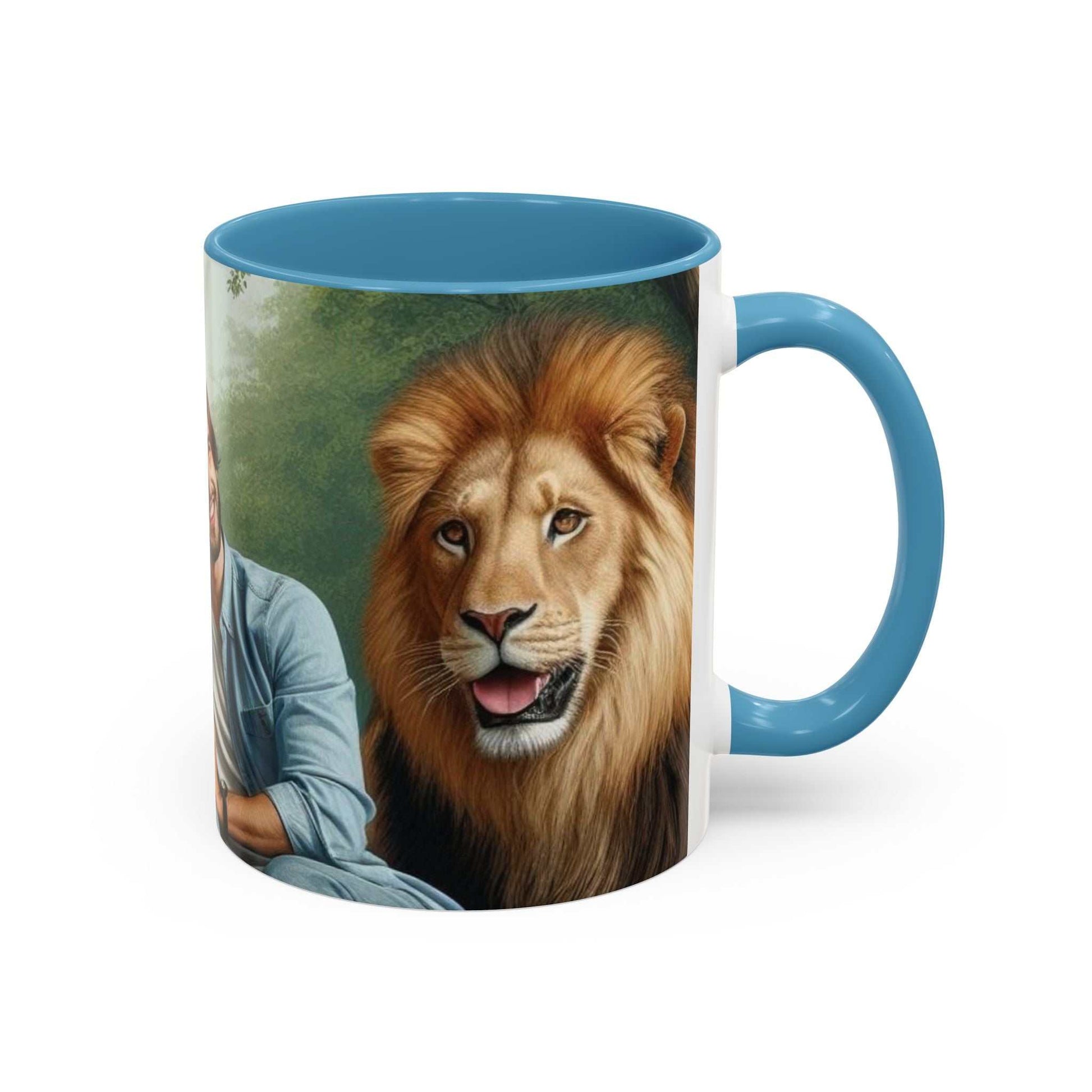 Coffee cup depicting a couple with a tiger and lion, ceramic and glossy finish, vibrant colors.