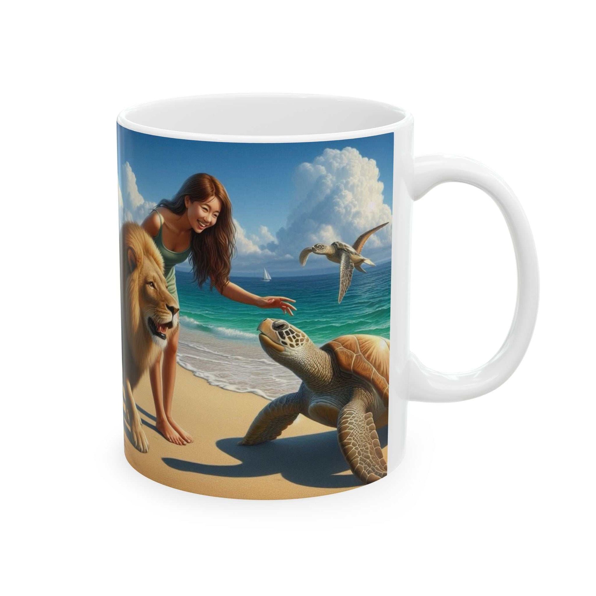 Ceramic coffee cup with a girl, turtle, and lion design; vibrant colors; Isaiah 11:6 theme.