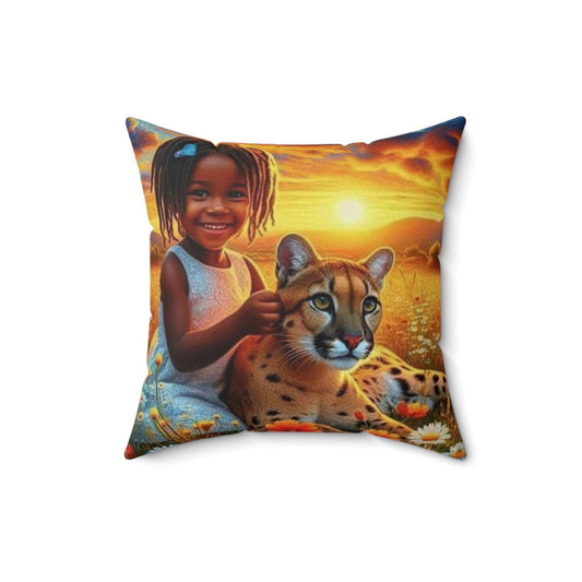 Decorative pillow featuring a girl with a jaguar and lion design, 16x16 inches, polyester cover.