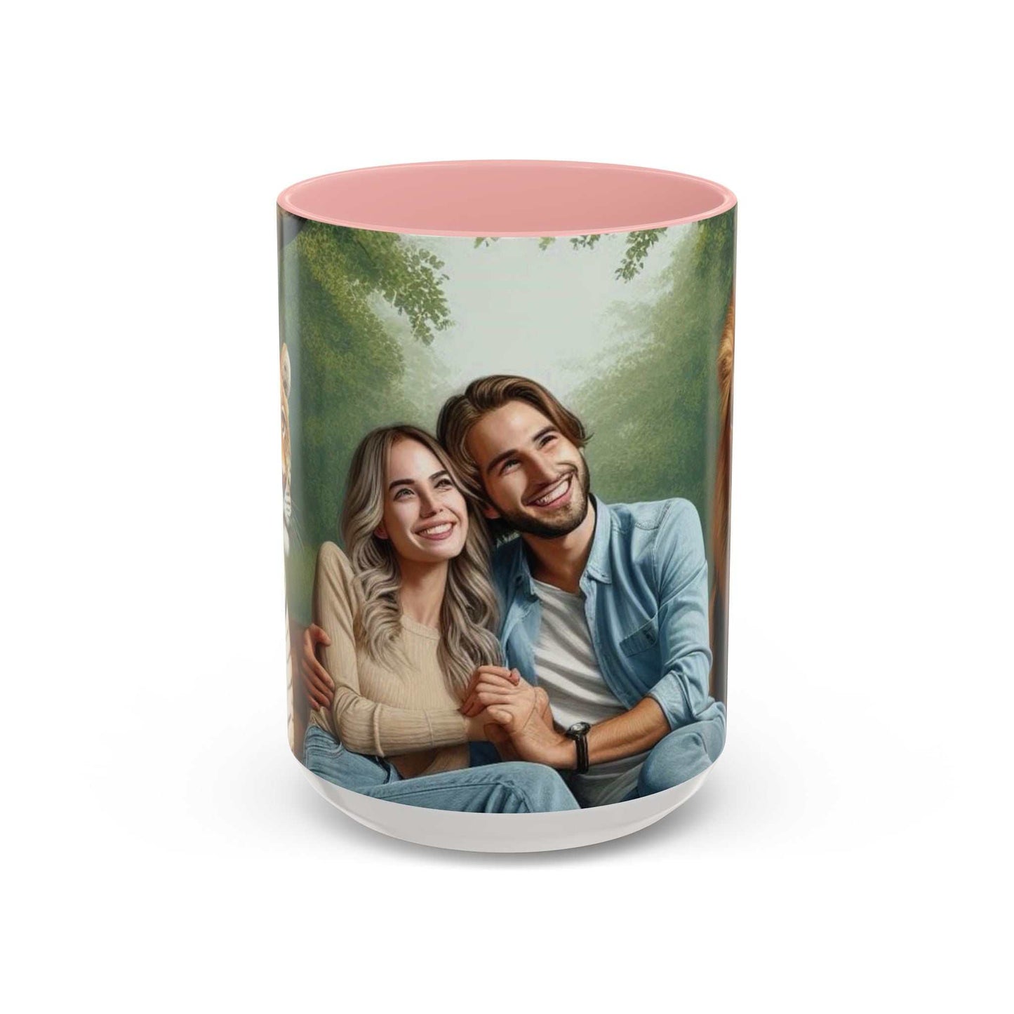 Ceramic coffee mug featuring a couple with a tiger and lion design.