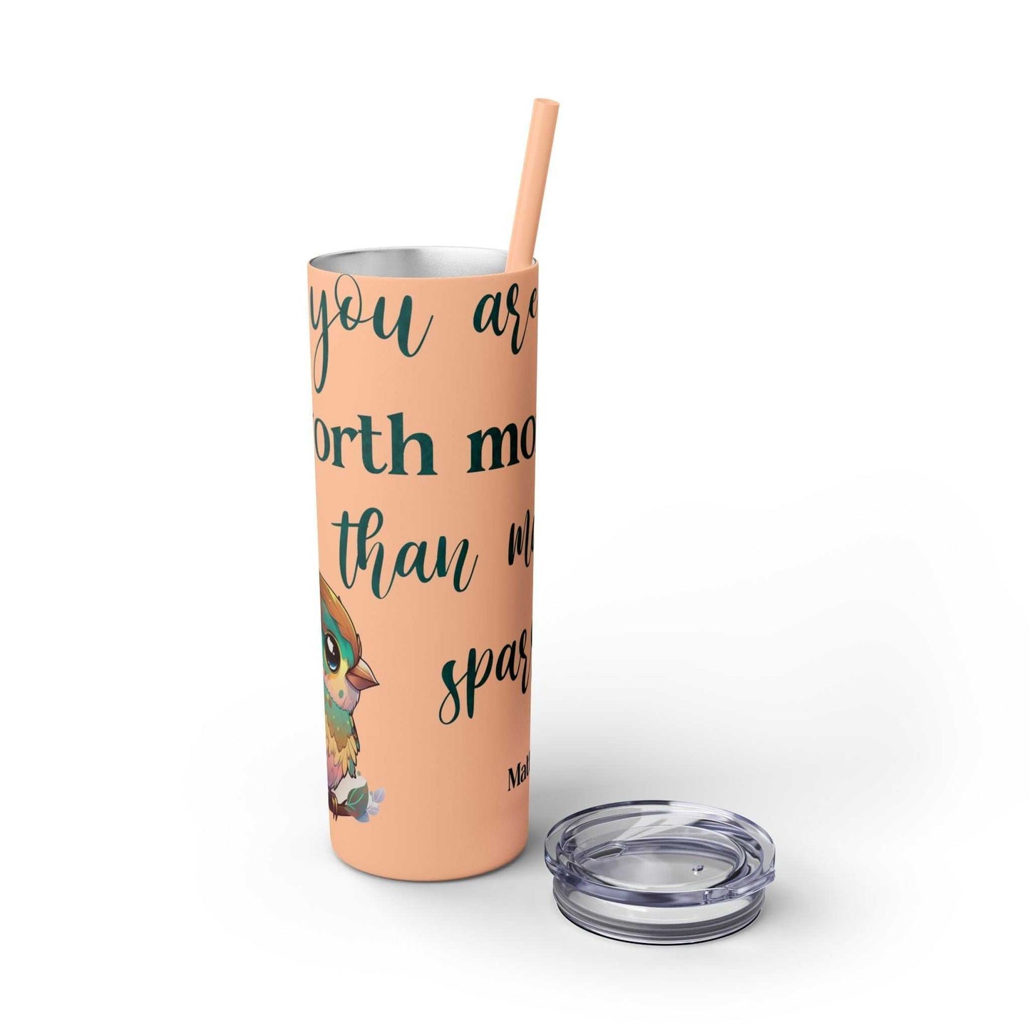 Stainless steel tumbler with "Worth More Than Sparrows" design, 20oz, BPA-free, includes lid and straw.