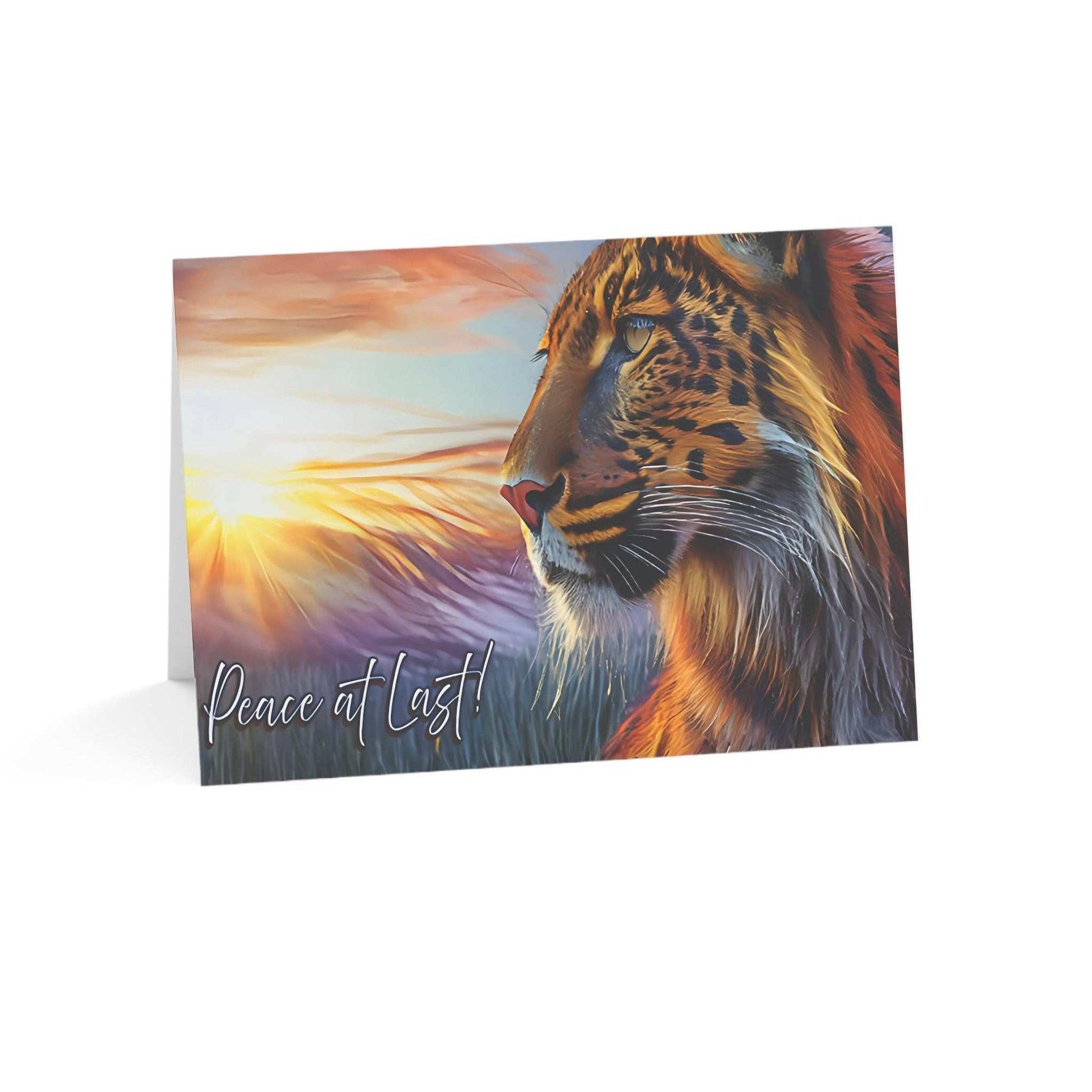 Tiger-themed greeting card titled "Peace at Last" with vibrant sunset background, includes envelope.