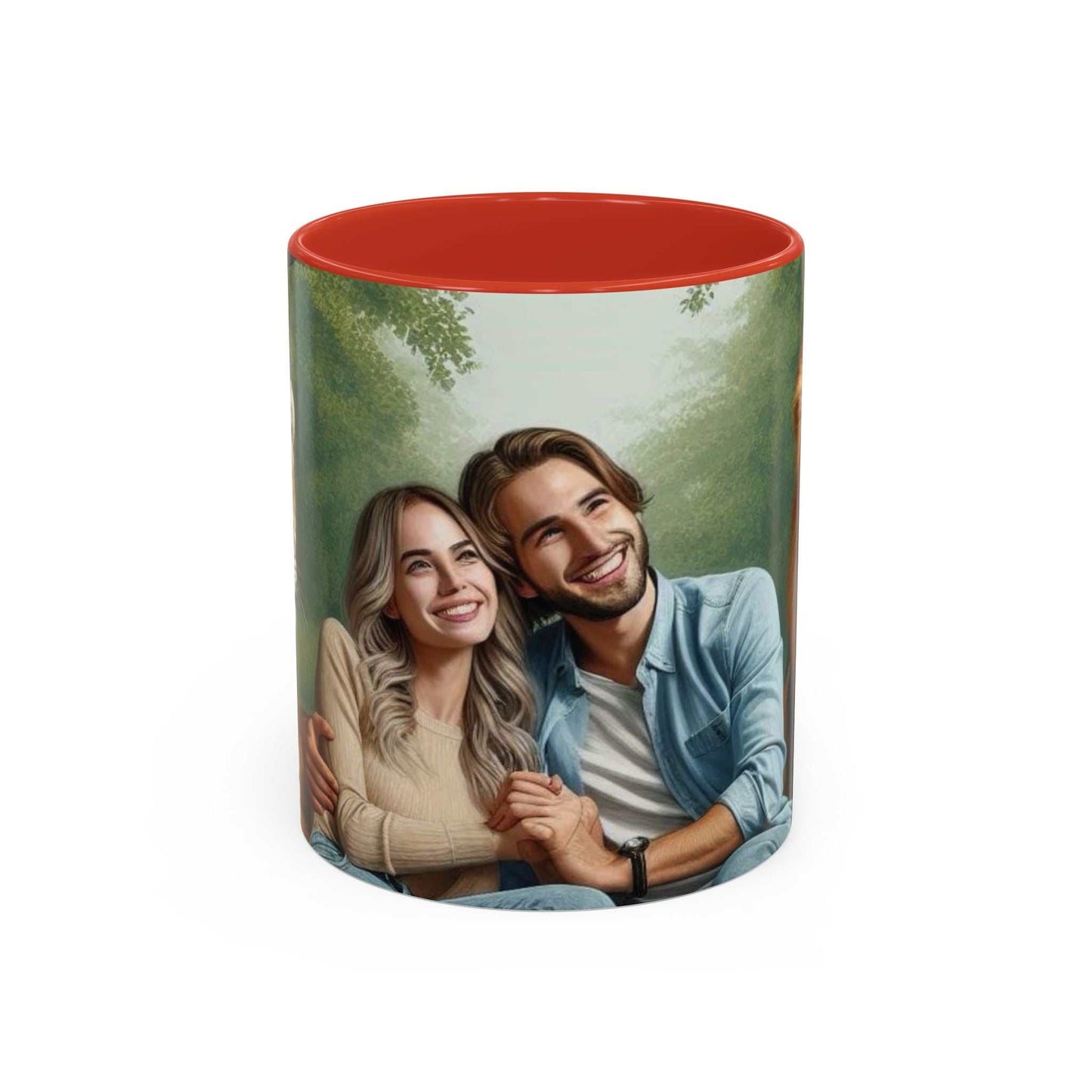 Ceramic coffee cup with tiger and lion design, featuring a couple, durable and microwave-safe.