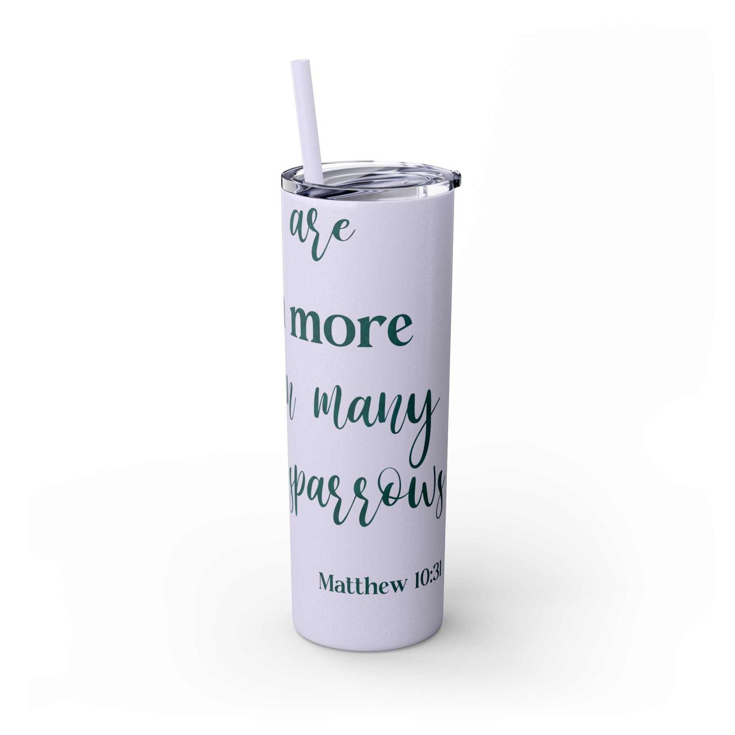 Stainless steel tumbler with inspirational "Worth More Than Sparrows" design, 20oz capacity, eco-friendly materials, keeps drinks hot or cold, includes matching straw.