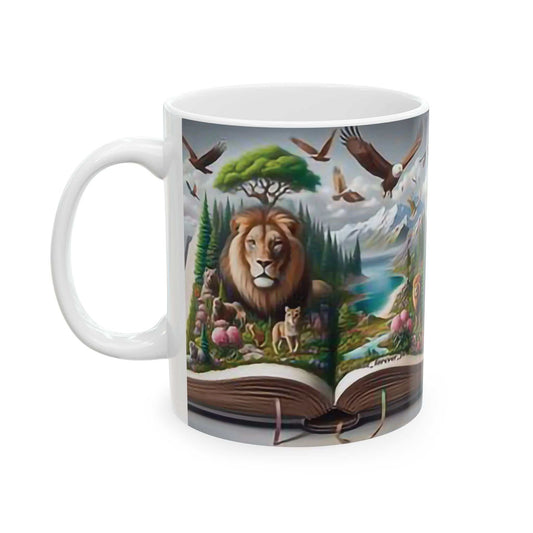 Ceramic coffee cup featuring a biblical paradise collage with a lion and nature.