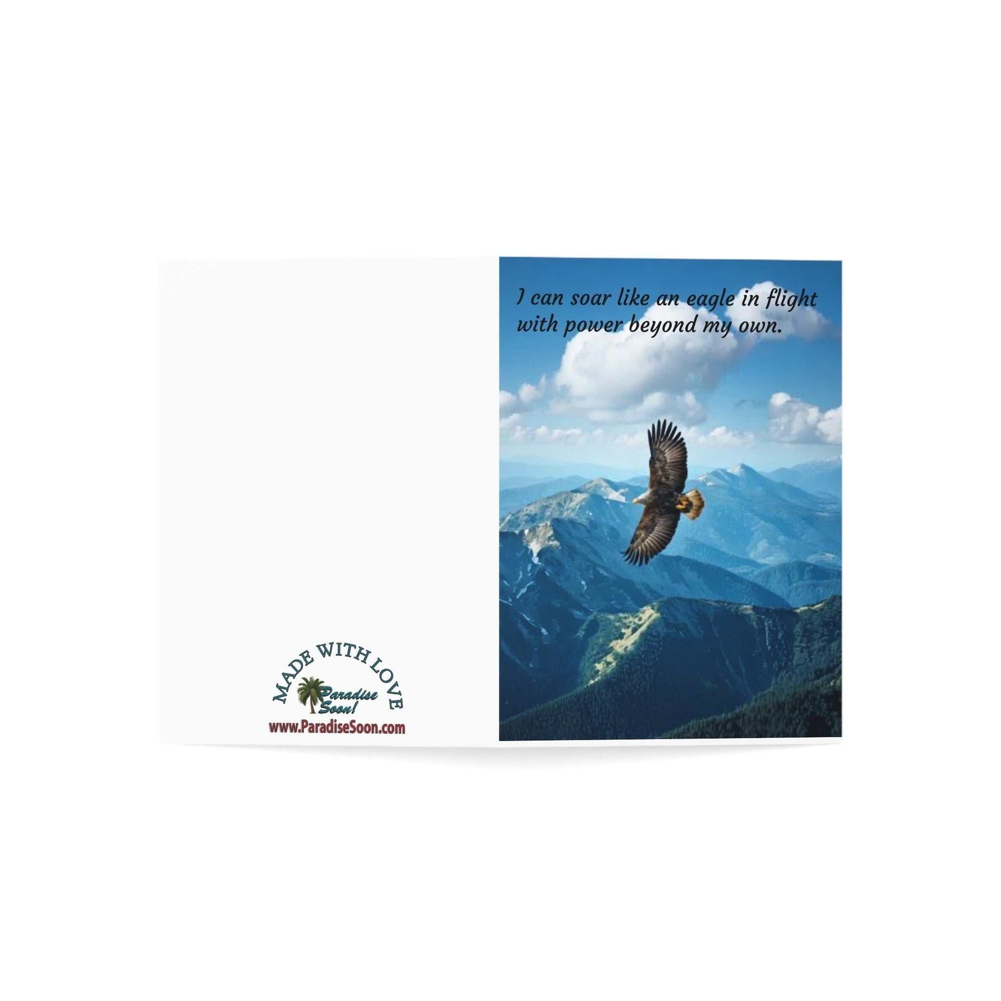 Greeting card featuring an eagle in flight over mountains, available in 5" x 7" size with envelopes included.