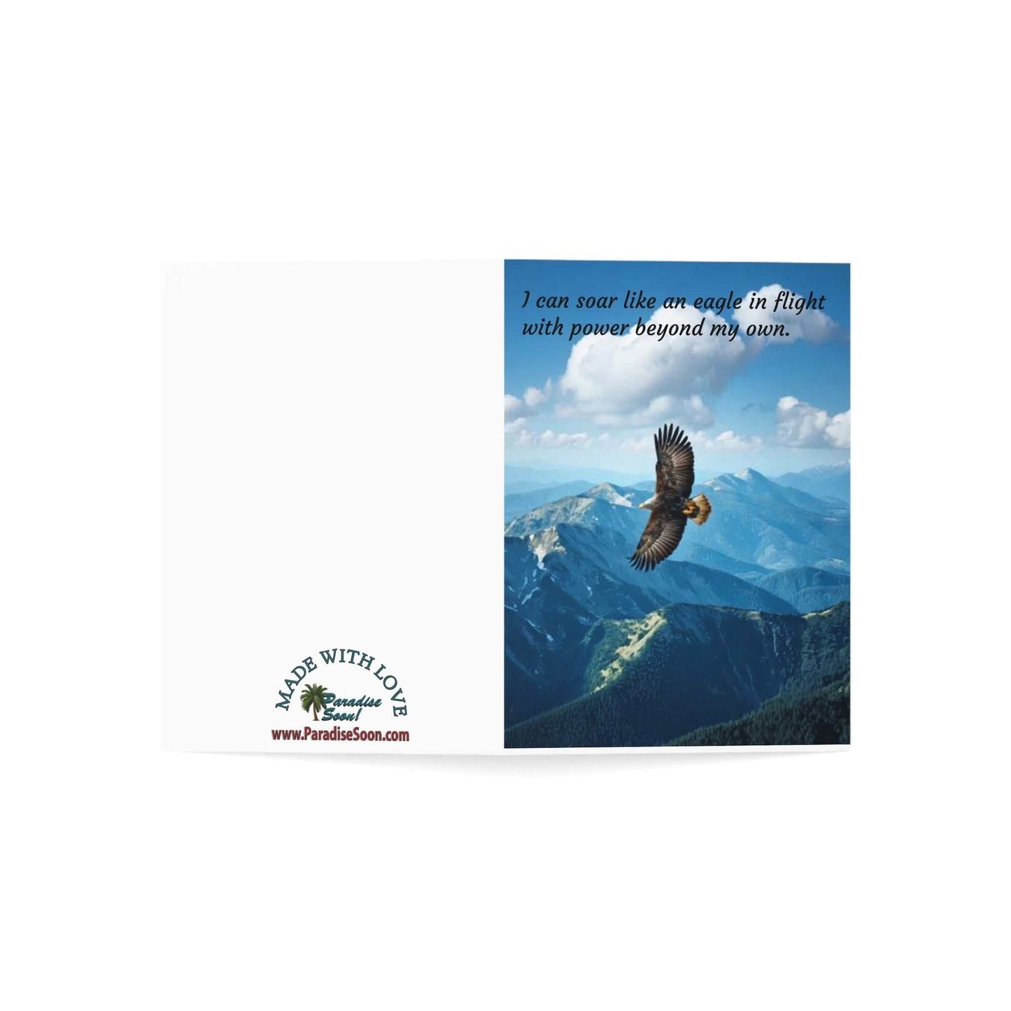 Greeting card featuring an eagle in flight over mountains, with inspirational message.