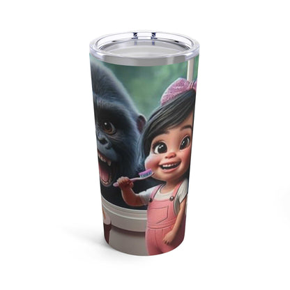 20oz stainless steel tumbler featuring an illustration of a little girl and a gorilla, with a clear push-on lid and dishwasher-safe design.