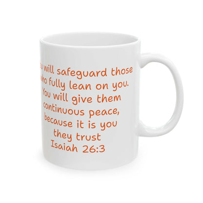 Ceramic coffee cup with a girl meditating and Isaiah 26:3 scripture design.