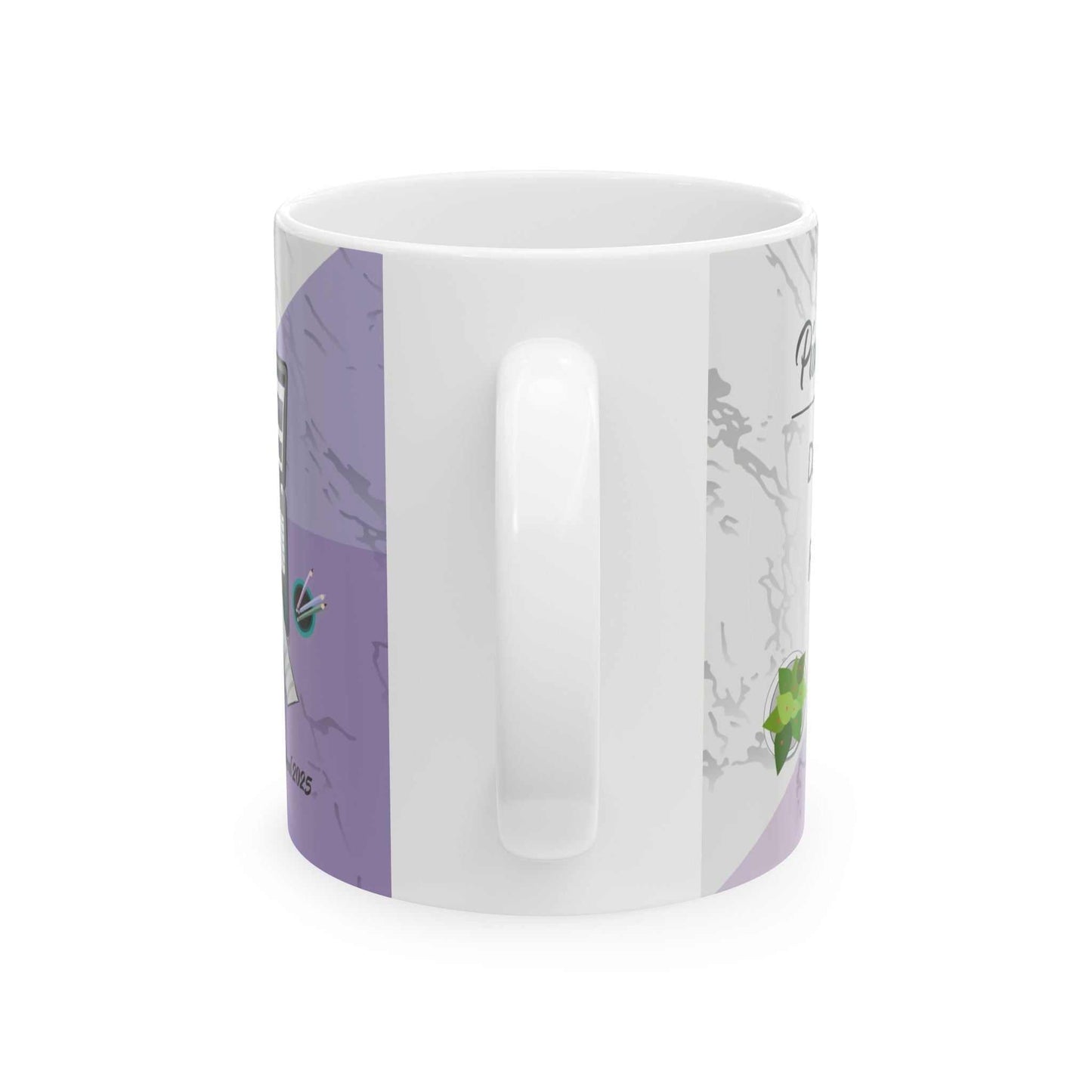 Ceramic coffee cup with Pioneer School 2025 design, vibrant colors, and comfortable handle.