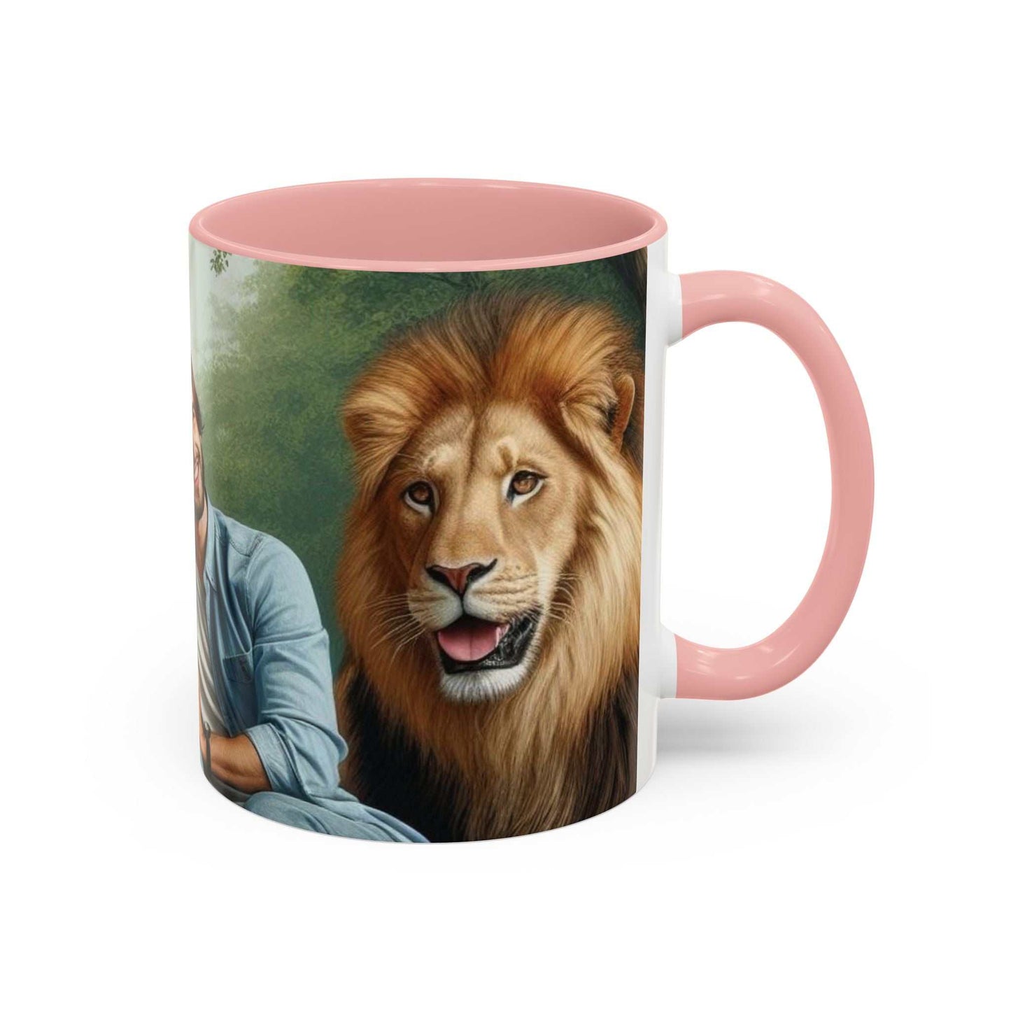 Ceramic coffee cup with tiger and lion design, glossy finish, vibrant colors.