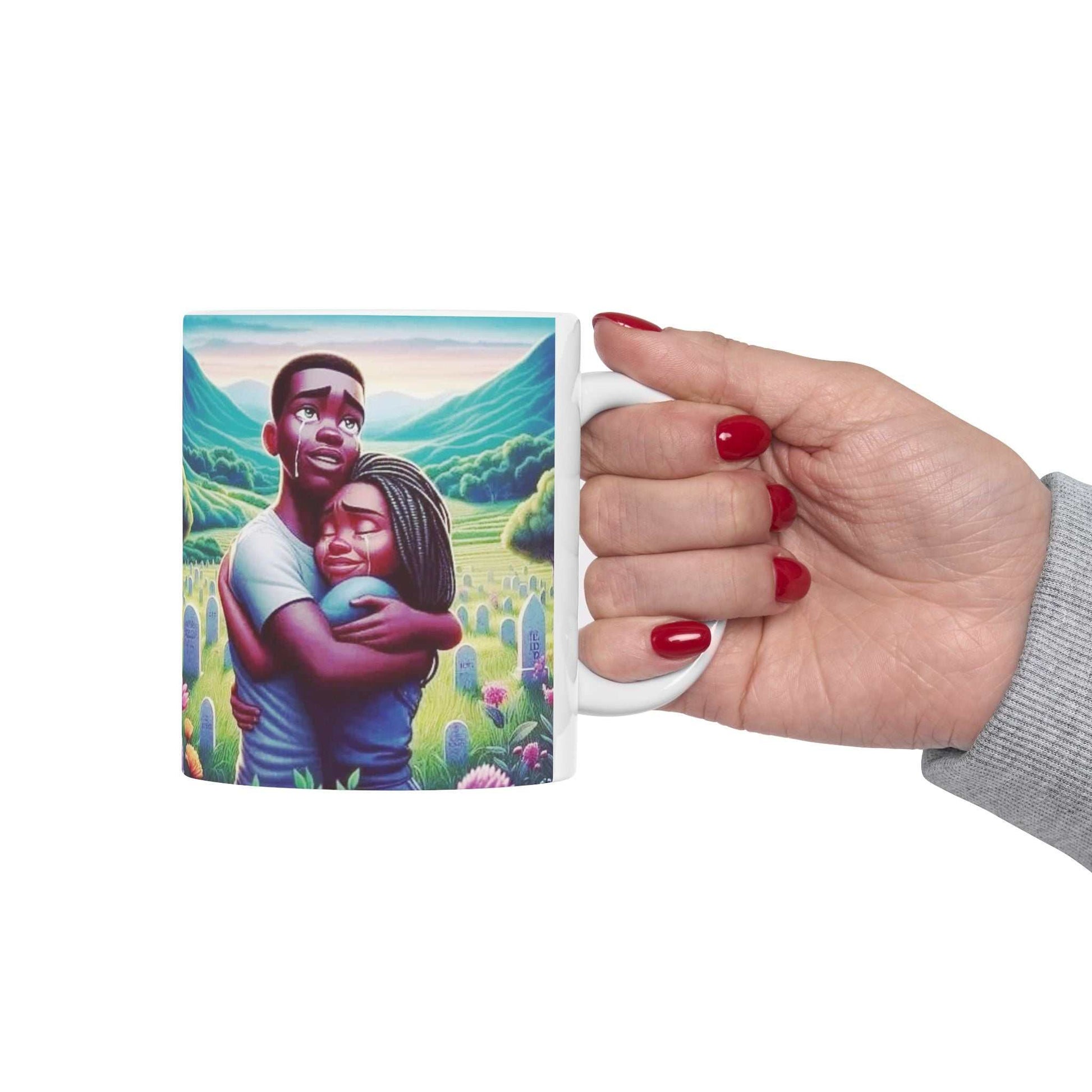 Ceramic coffee cup with a happy couple hugging, featuring vibrant colors and a glossy finish.