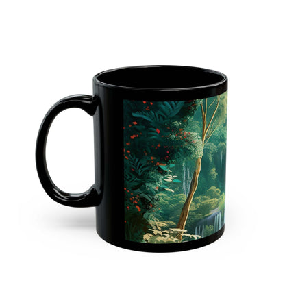 Black ceramic coffee cup featuring "Give Jehovah the Glory Due His Name" design, 11oz size, durable and microwave-safe.