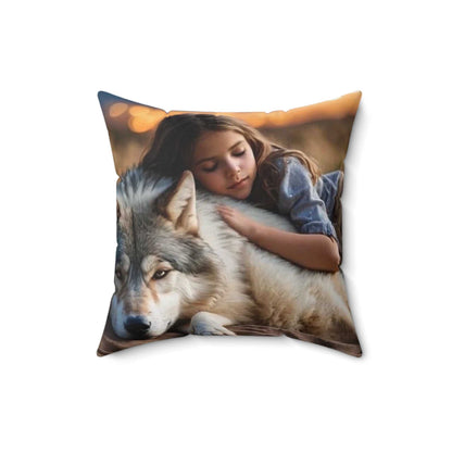 Decorative pillow featuring a girl with a lion and a wolf, square, 16x16 inches, polyester cover, double-sided print.