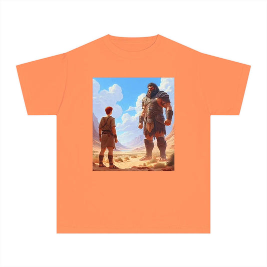 Boys' David and Goliath T-Shirt, soft cotton, classic fit, orange background with illustration.