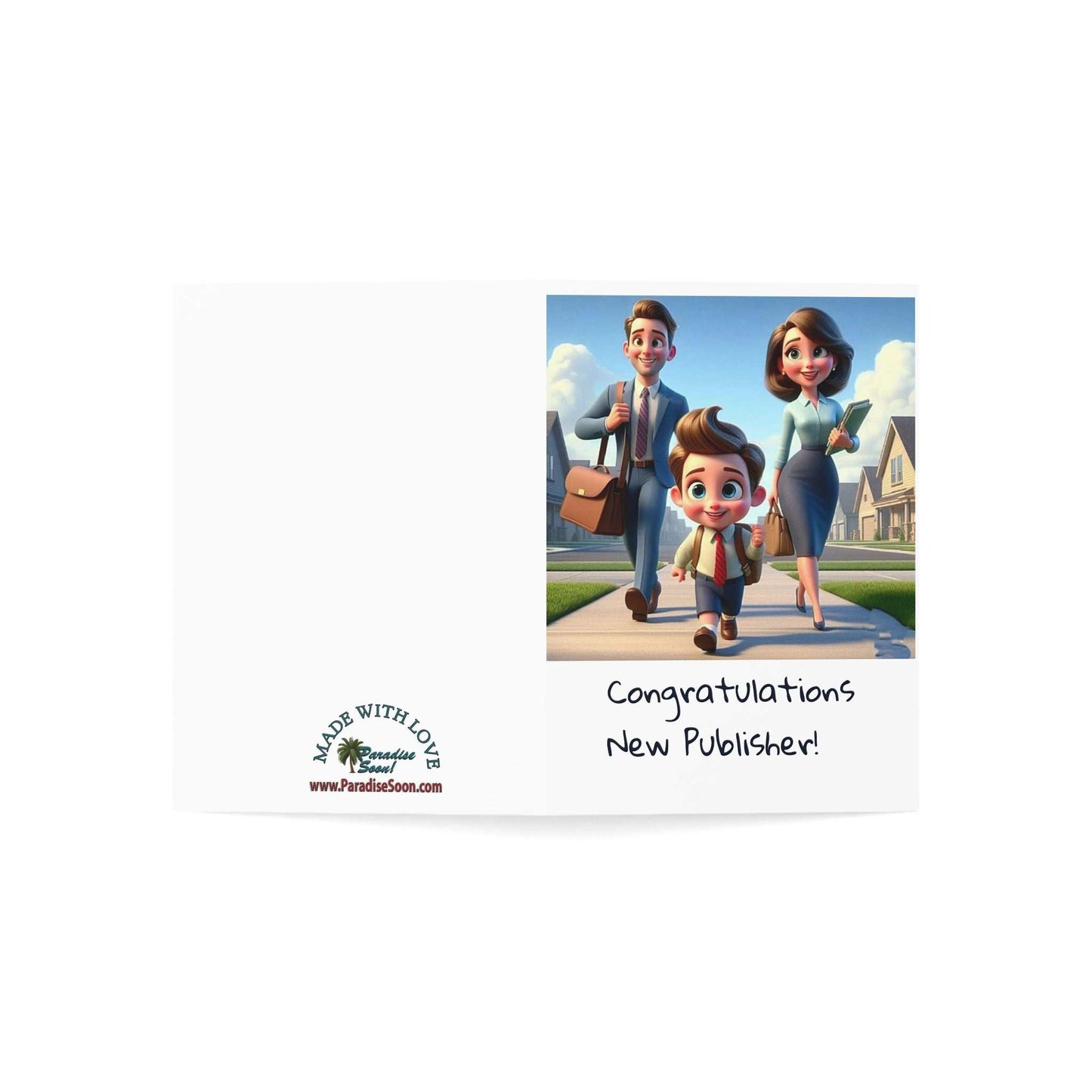 Greeting card for young unbaptized publisher with illustration and "Congratulations New Publisher!" message, includes envelope.