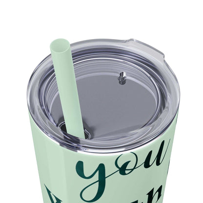 Stainless steel tumbler with "Worth More Than Sparrows" design, press-on lid, matching straw.