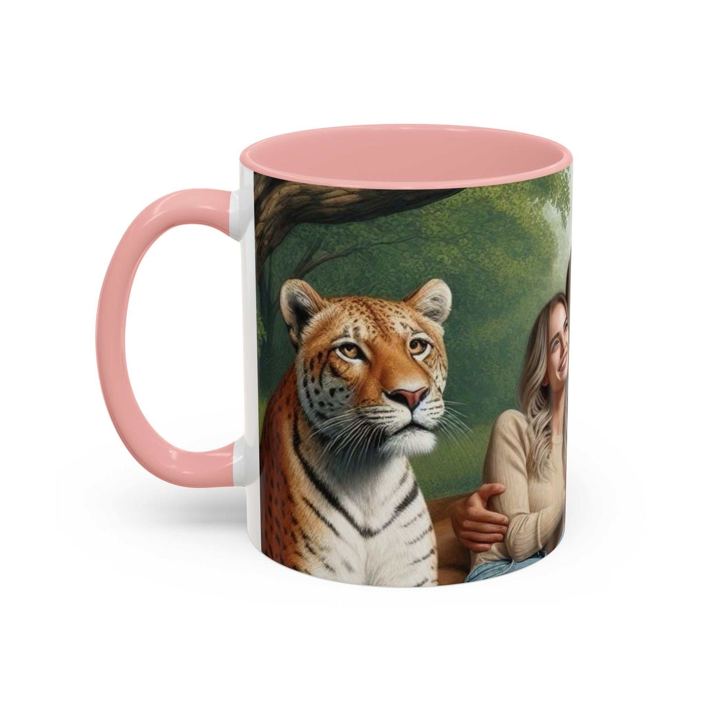 Ceramic coffee cup with tiger and lion design, glossy finish, vibrant colors.