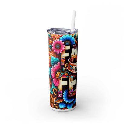 20oz faith-themed tumbler with floral design, BPA-free, double-walled insulation with straw and lid.