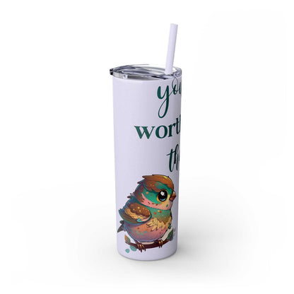 Stainless steel tumbler with "Worth More Than Sparrows" design, featuring a bird graphic, 20oz capacity, plastic lid with straw.