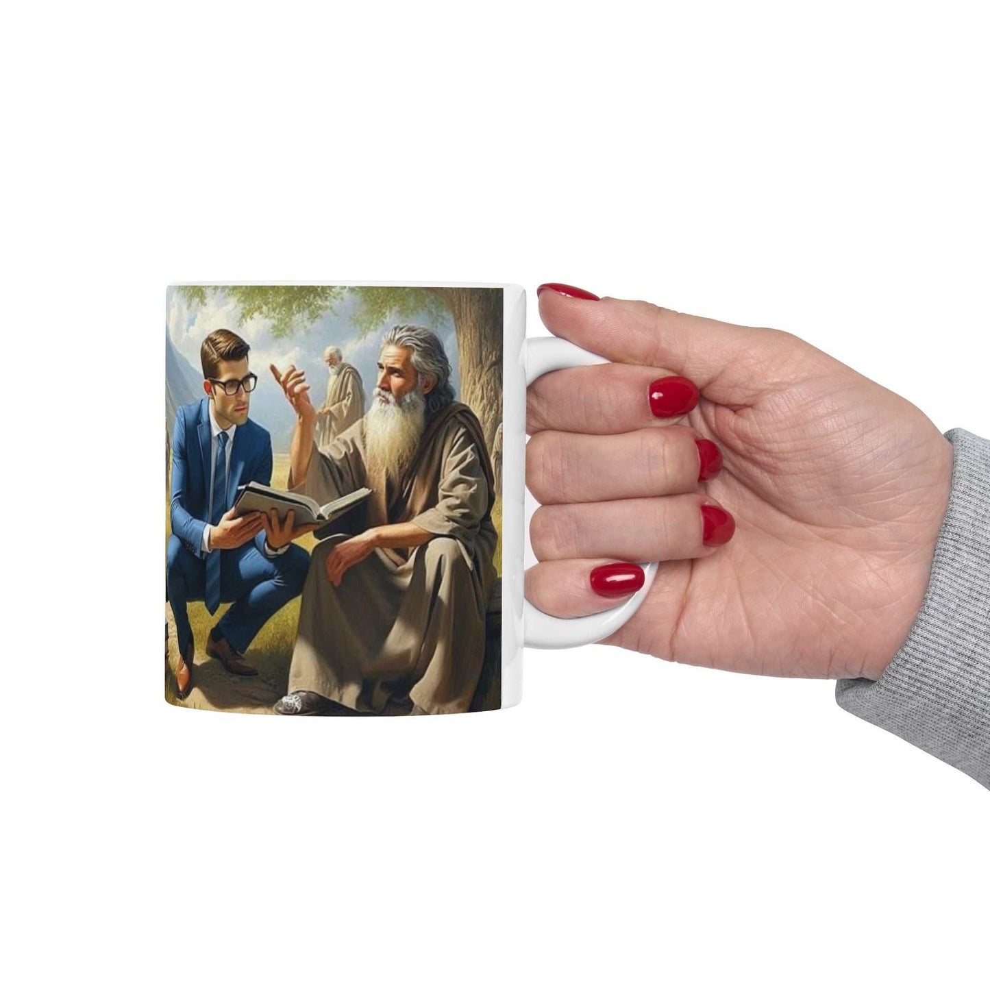 Ceramic coffee cup featuring a scene of family worship and teaching with a resurrected man in paradise.