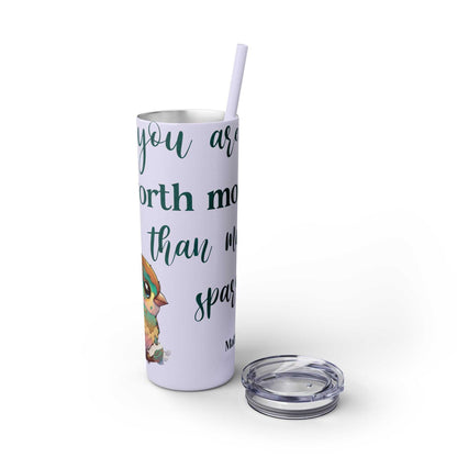 Stainless steel tumbler with "Worth More Than Sparrows" design, 20oz, with lid and straw.