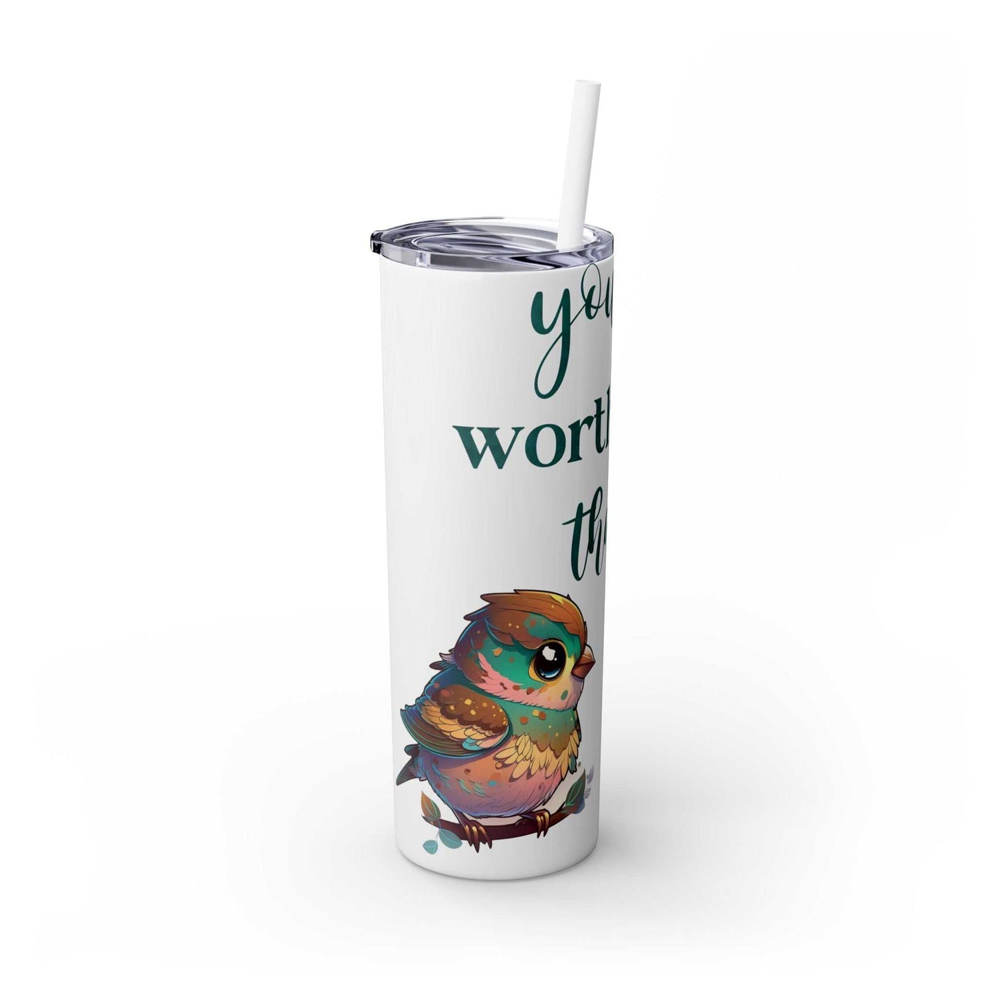 Stainless steel tumbler with bird design and "Worth More Than Sparrows" message, 20oz capacity, includes straw.