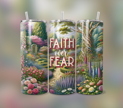 Faith Over Fear tumbler with straw, floral design, 20 oz, stainless steel, BPA-free.