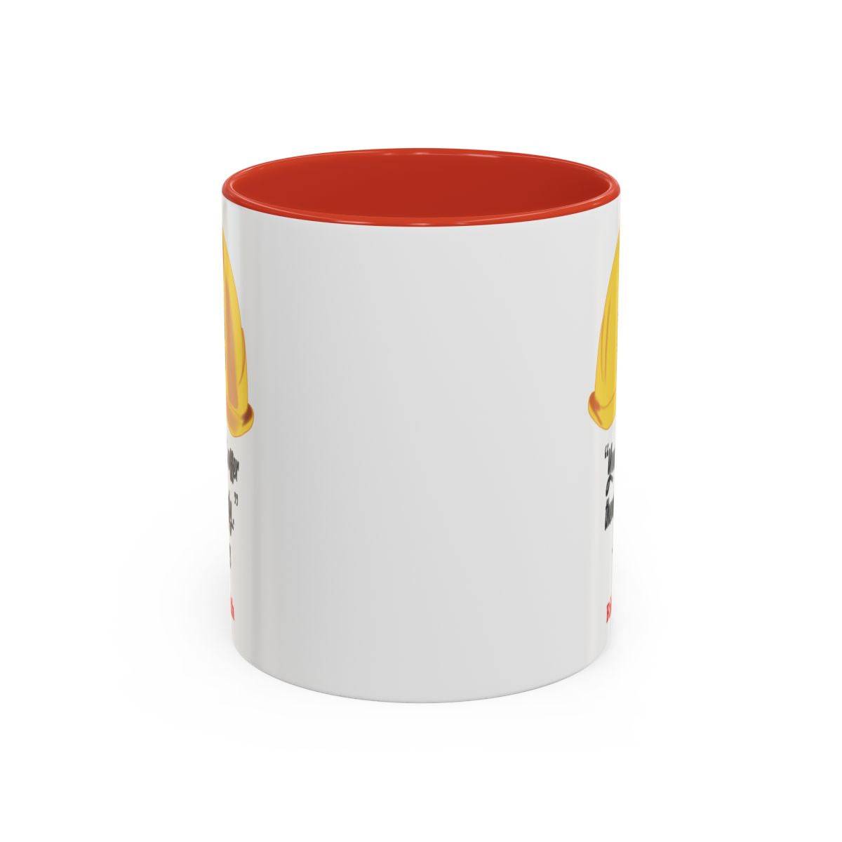 White ceramic coffee cup with red interior, featuring a personalized design for LDC workers; available in 11oz and 15oz sizes with a glossy finish and ergonomic C-shaped handle.