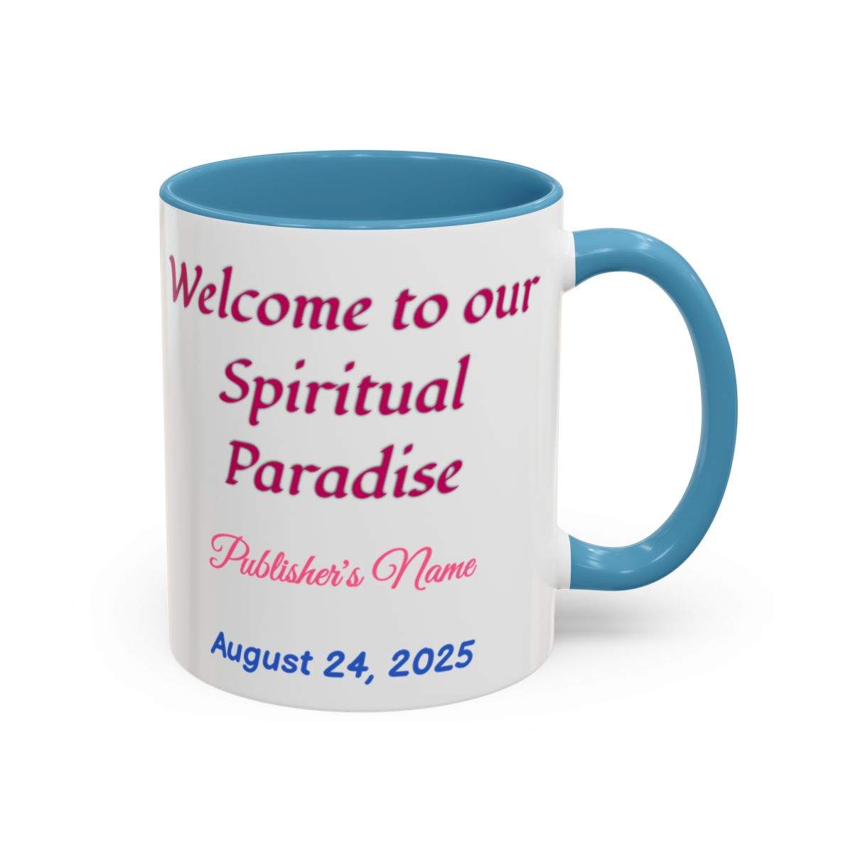 Personalized ceramic coffee cup with baptism date, blue handle, colorful text, glossy finish.