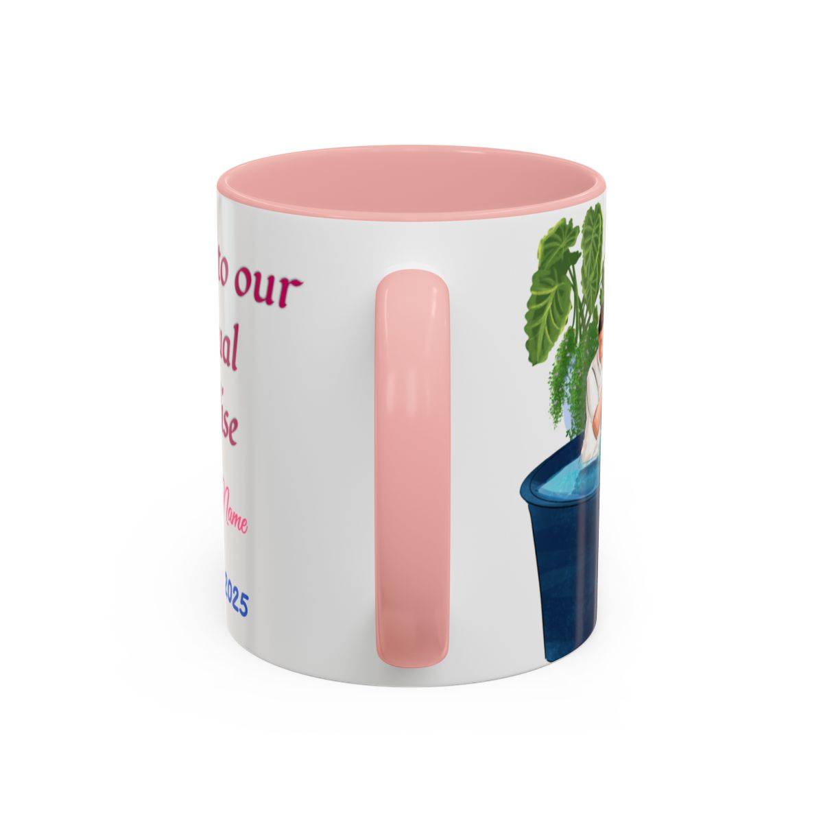 Personalized ceramic coffee cup with name and baptism date, featuring a pink handle and interior, glossy finish, and available in two sizes.