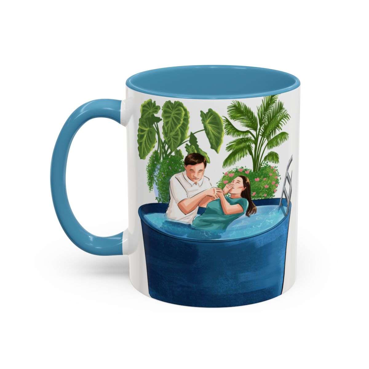 Personalized ceramic coffee cup with baptism illustration, blue interior and handle, available in 11oz and 15oz sizes.