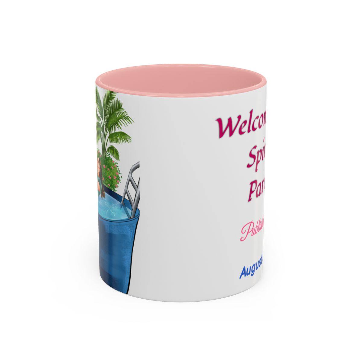 Personalized baptism ceramic coffee cup with pink interior, featuring name and baptism date, 11oz and 15oz sizes.