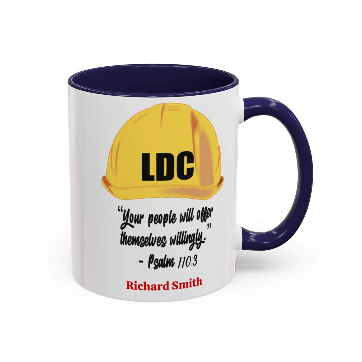 Coffee cup featuring LDC logo with a yellow hard hat and personalized name, available in 11oz and 15oz sizes.