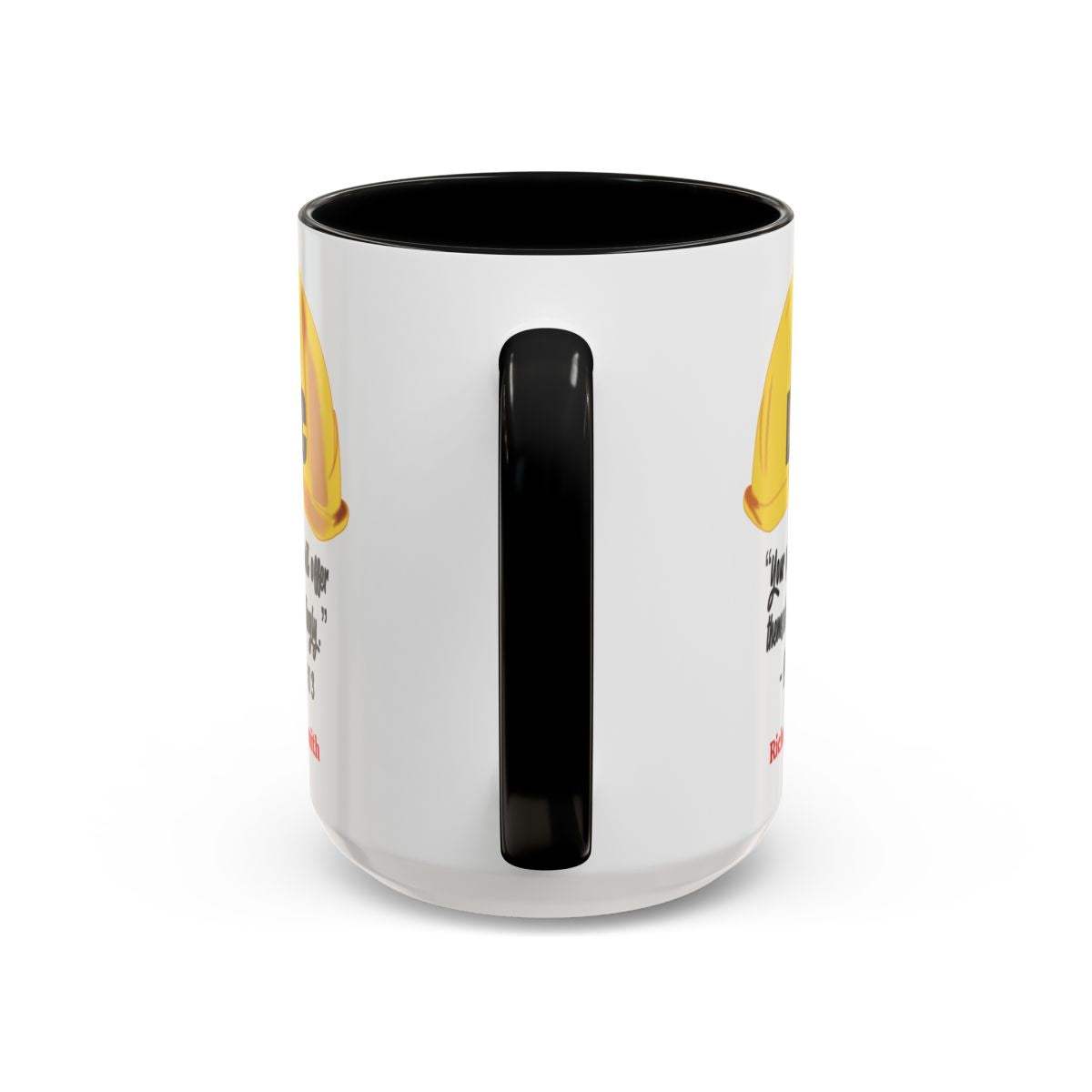 Ceramic coffee cup with black interior and handle, featuring a personalized design for LDC workers.