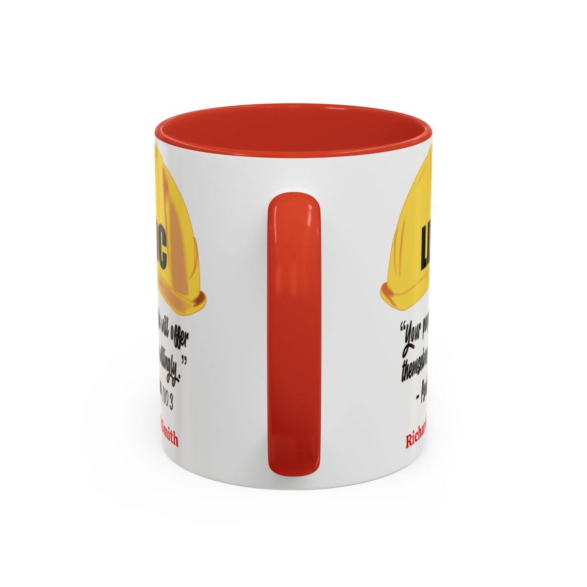 White ceramic coffee cup with orange interior and handle, featuring LDC design. Available in 11oz and 15oz sizes.