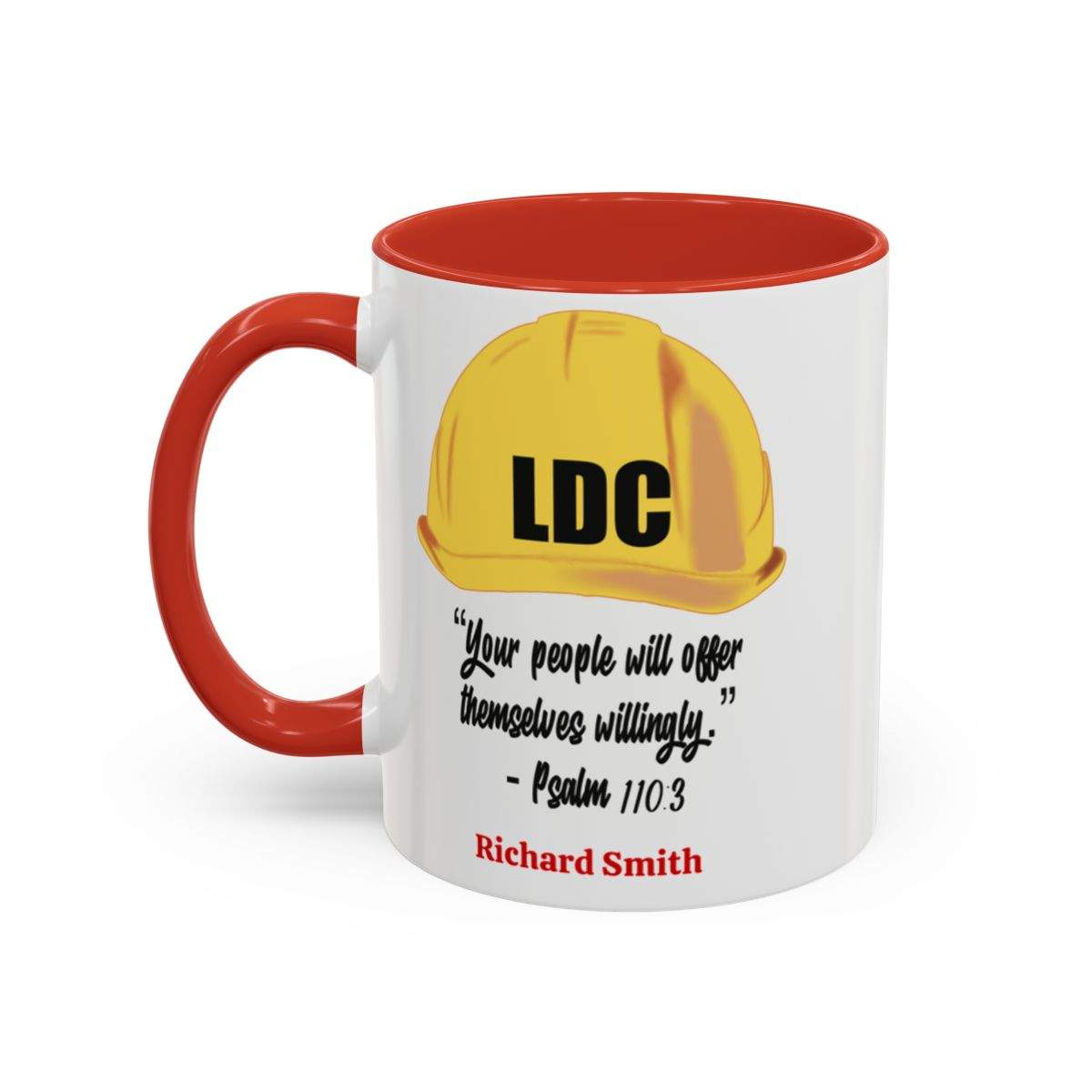 White ceramic coffee cup with red interior and handle featuring "LDC" and personalized name, 11oz or 15oz sizes, glossy finish.