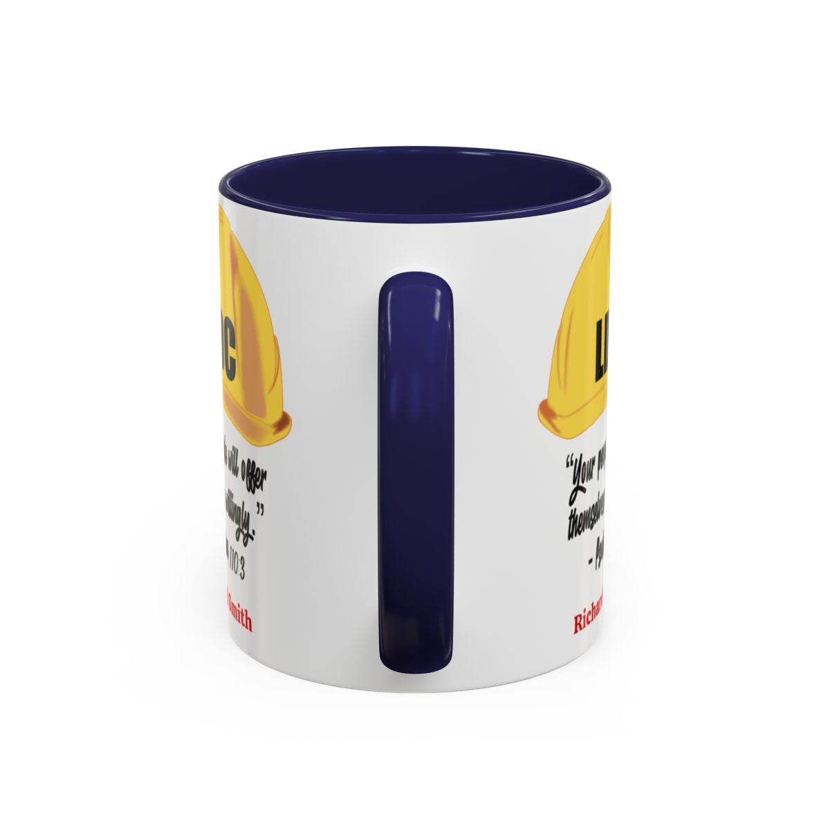 Ceramic coffee cup with blue interior and handle, featuring LDC design, available in 11oz and 15oz sizes.