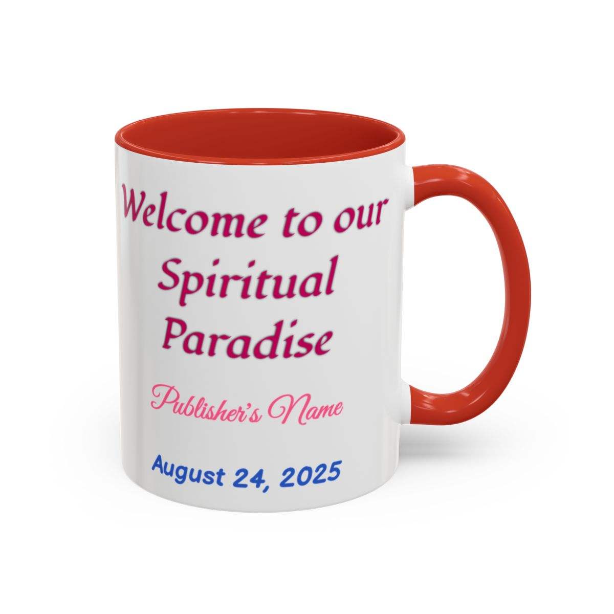 Personalized ceramic coffee cup with name and baptism date, available in two sizes, white with colored interior and handle, glossy finish.