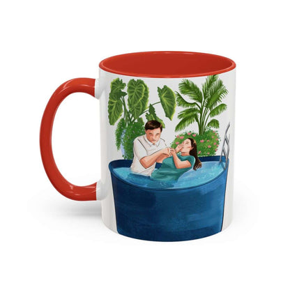 Personalized baptism coffee cup with red handle and rim, featuring baptism scene; ceramic, BPA-free, available in 11oz and 15oz sizes.