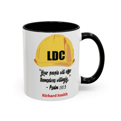 11oz and 15oz white ceramic coffee cup with LDC design, customizable name, glossy finish, C-shaped handle.